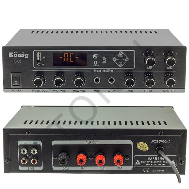 K-80 80W USB-SD-Bluetooth Destekli 2 Bölgeli Trafolu Mixer Amplifikatör